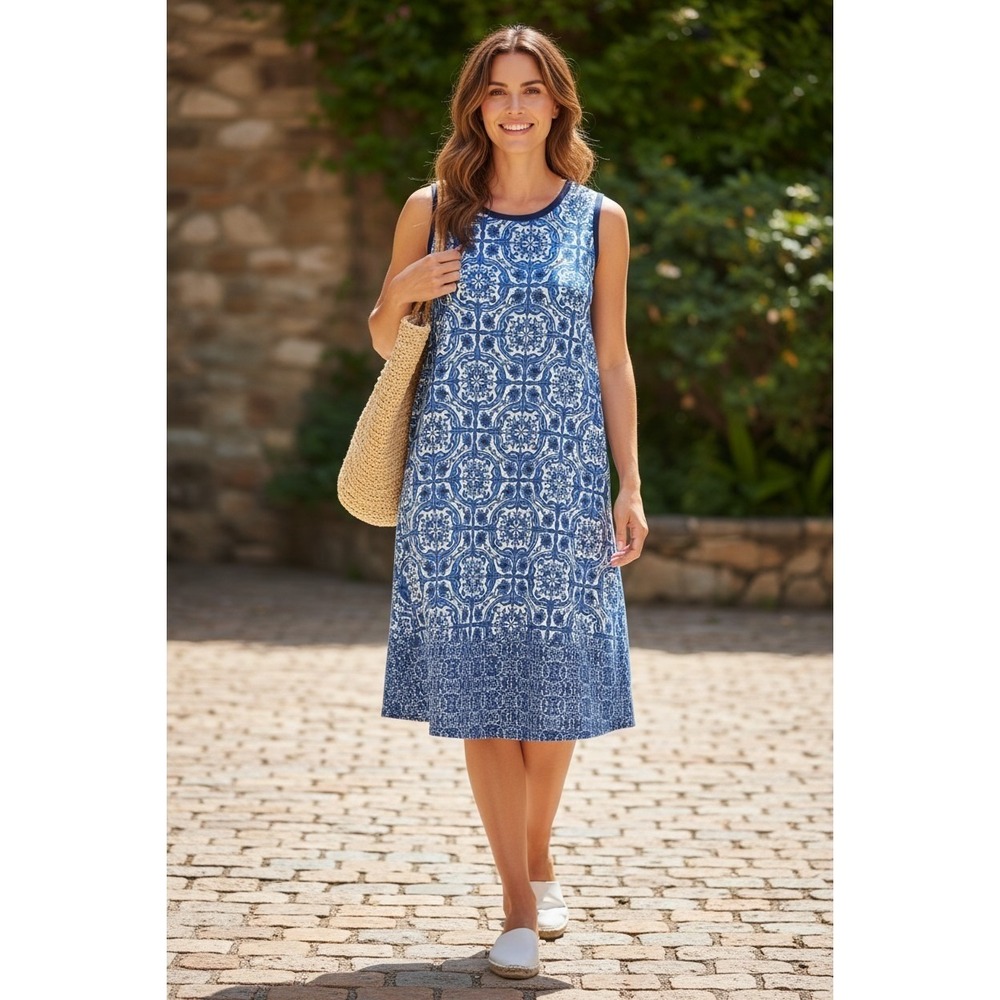 Mud Pie Women's Medium Blue White Tile Print Sleeveless Tank Dress Size Medium